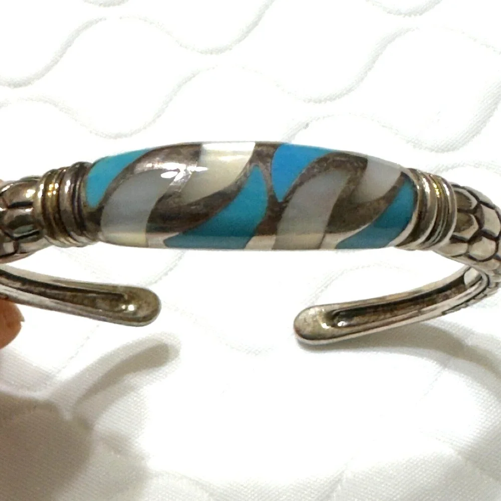 ASCH GROSSBARDT 18k White Gold Sterling Silver Lapis? Turquoise? Bangle Bracelet